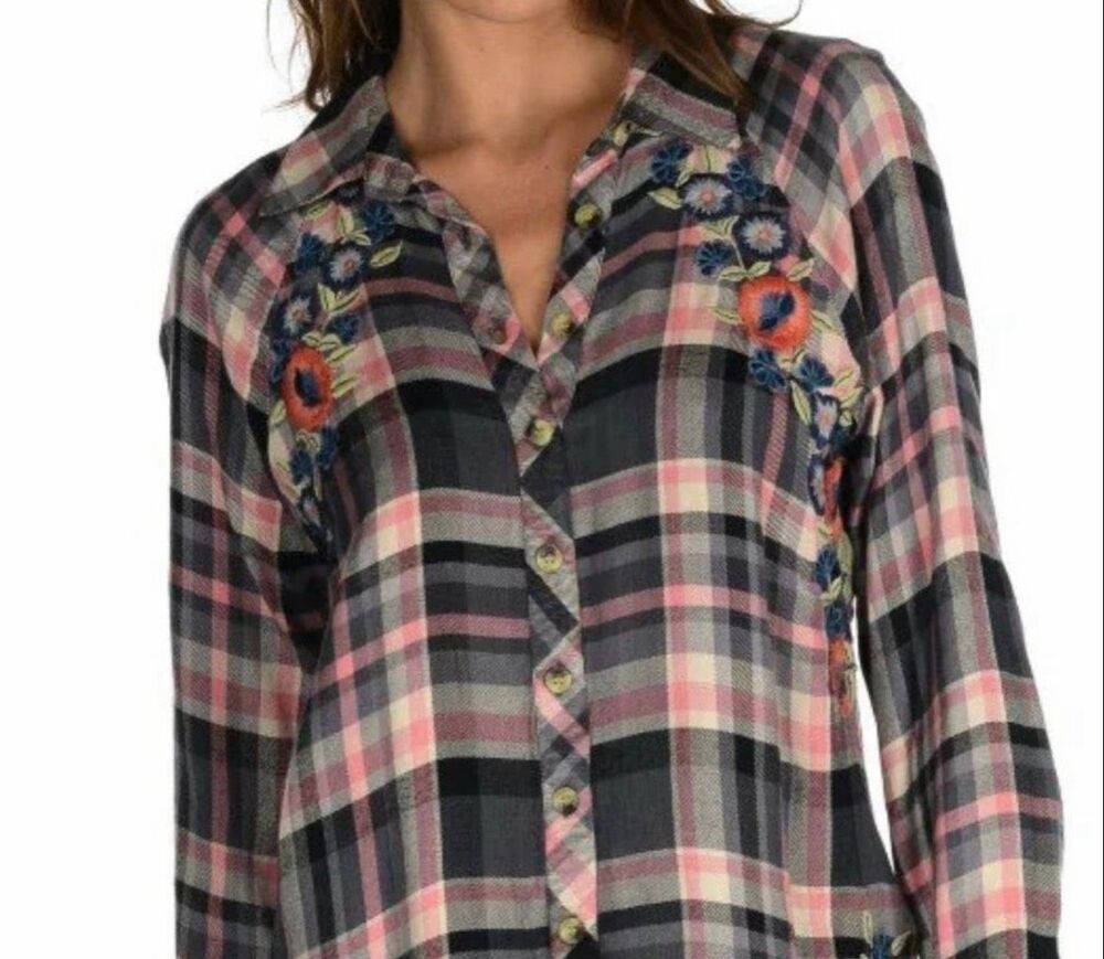 Tolani Collection Womens Plaid Embroidered Estrella Button-up Shirt Slate XL NWT